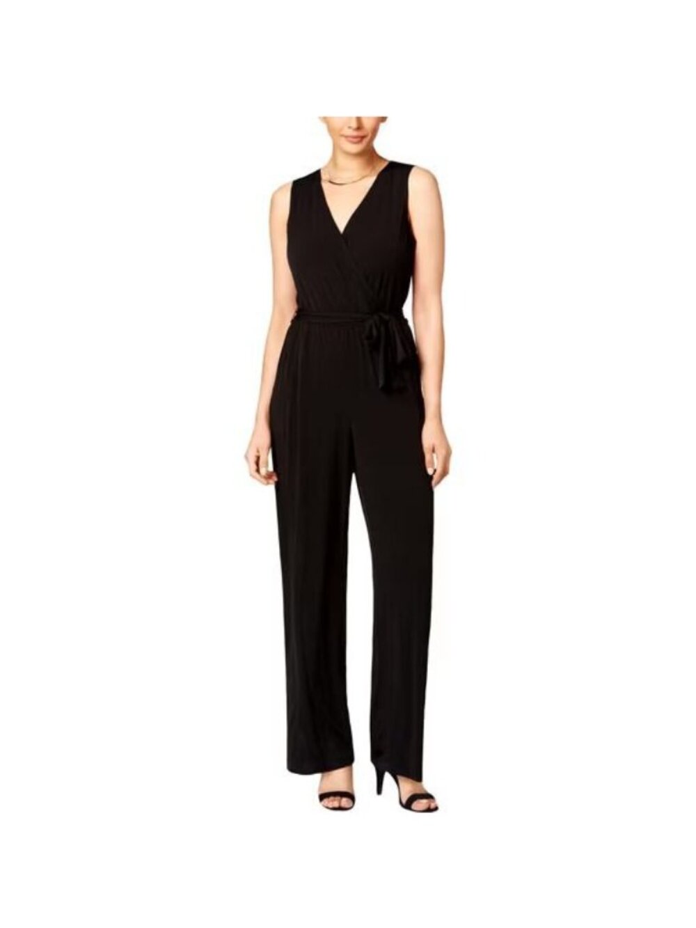NY Collection Womens Petites Matte Jersey V-Neck Jumpsuit Black Size PXL NWT